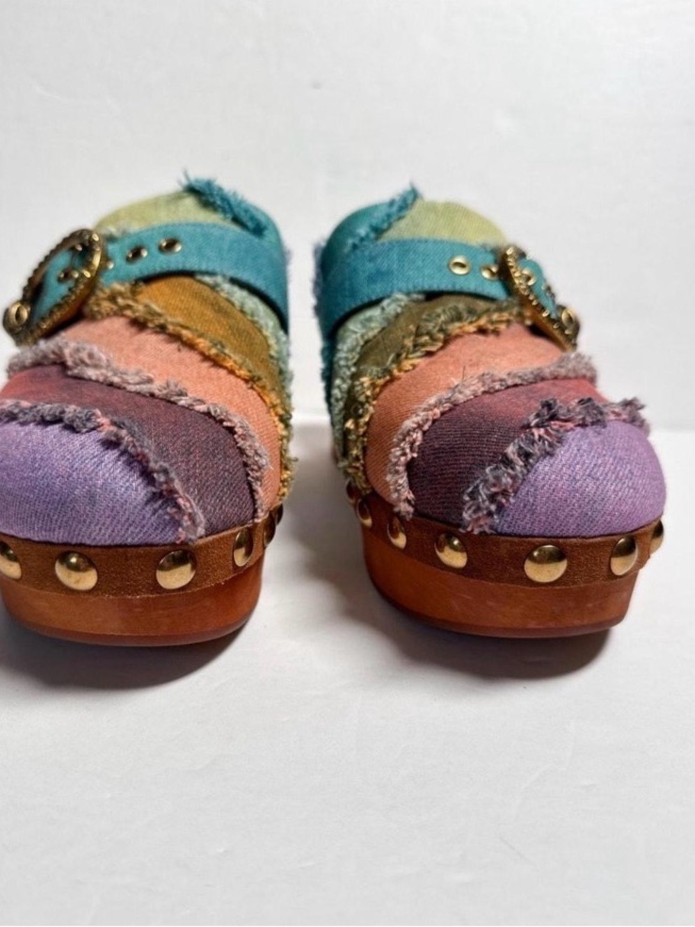 NIB Kurt Geiger Multicolor Frayed Denim Buckle Mules - Picture 8 of 8